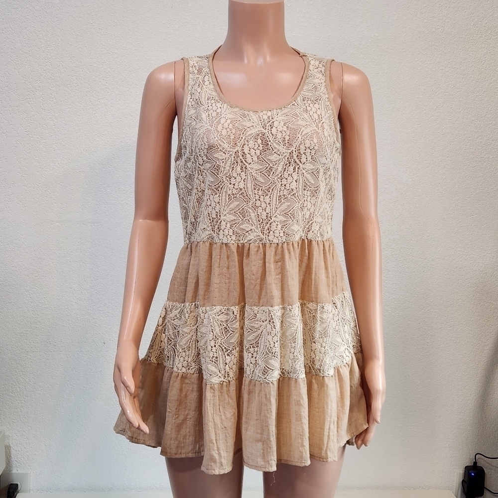 A'reve Cottagecore Dress Tunic Cream Lace Mauve Fabric Sz L
